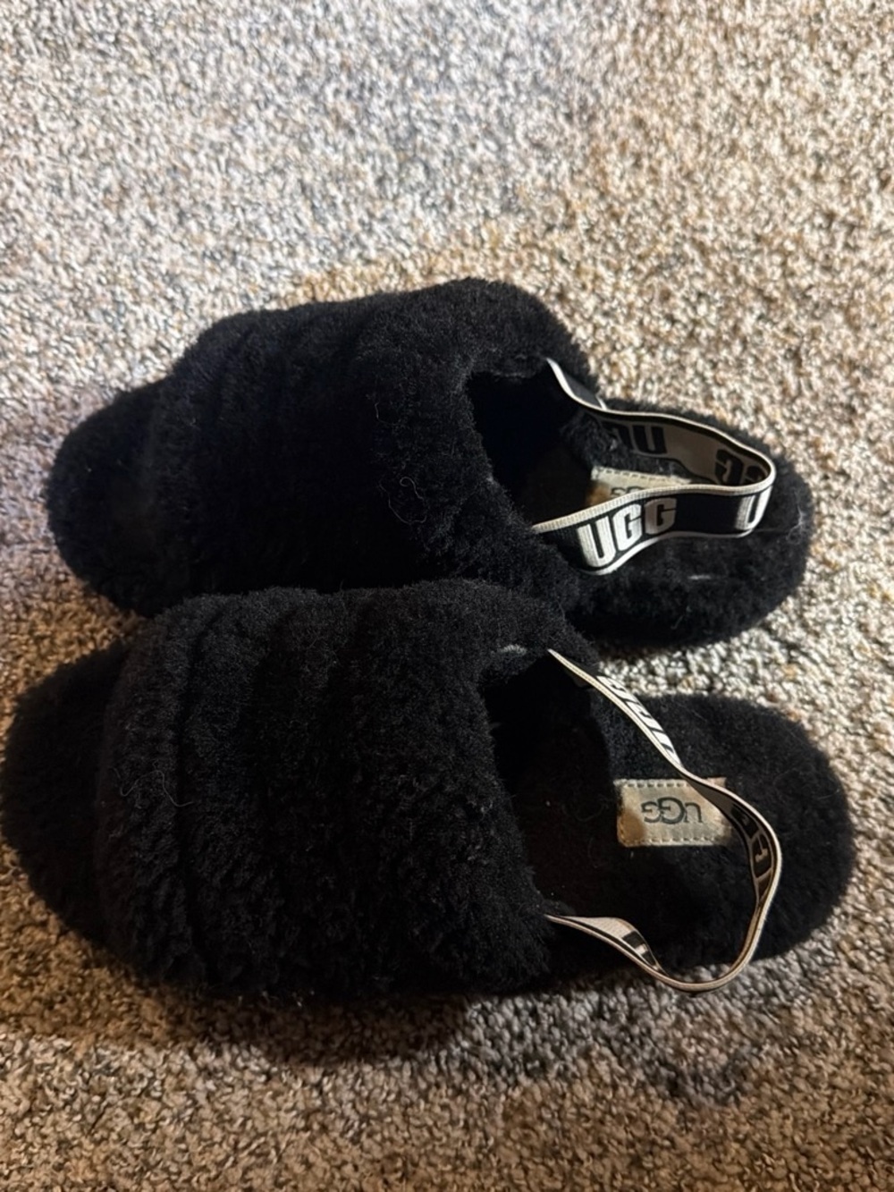 UGG Kids Black Fluff Slide Sandals with Branded Heel Strap